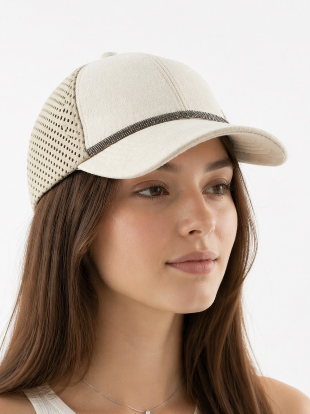Brunello Cucinelli Monili perforated Suede /Linen fabric Baseball Cap (beige)